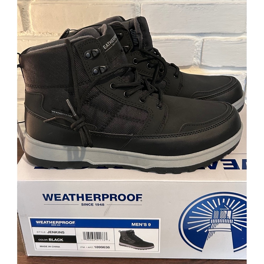 NWT Weatherproof Jenkins Mens 9 Black Mid Top Memory Foam Hiking Boots Atheisure